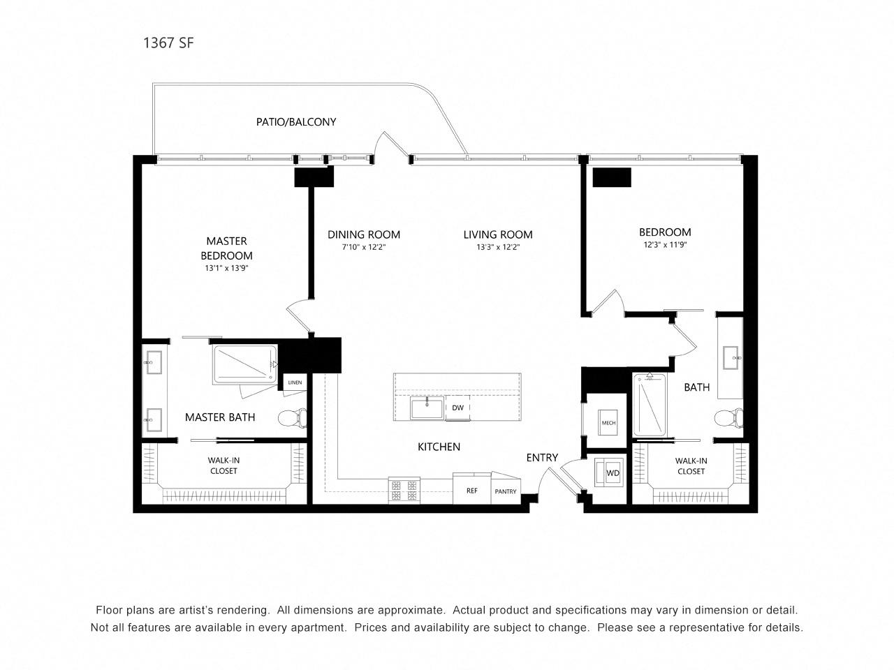 Floor plan for 2 beds, 2 baths, 1367 sqft